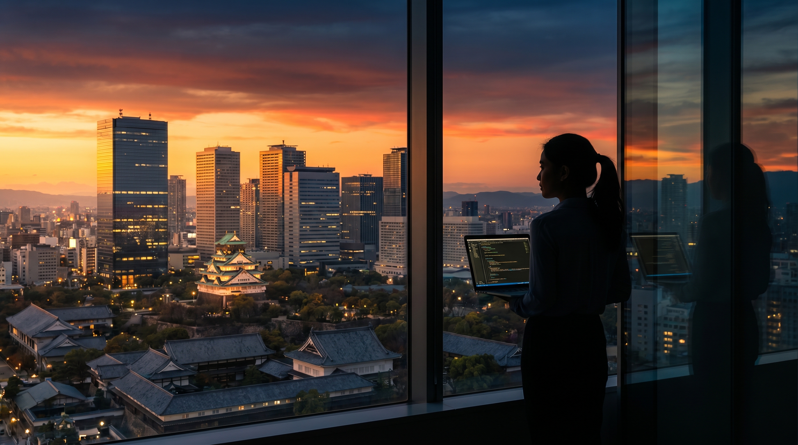 Software engineer overlooking Osaka cityscape at sunset