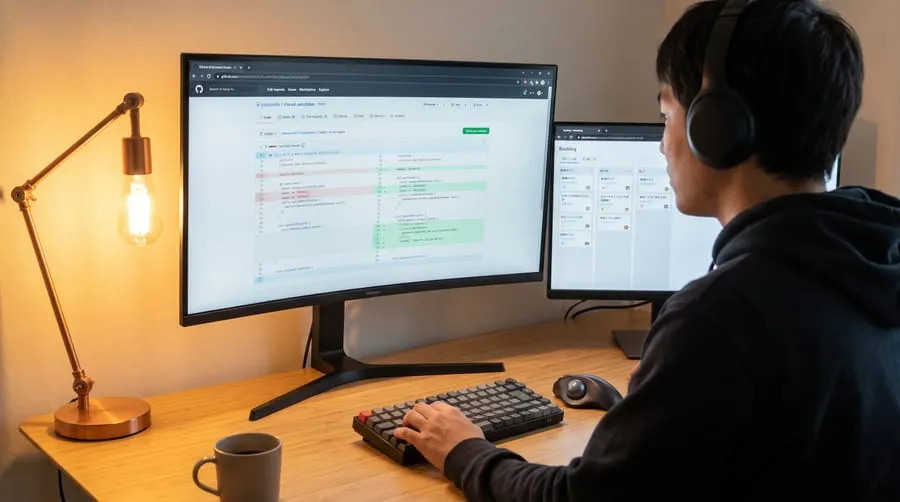 Engineer working at desk in Japanese IT company
