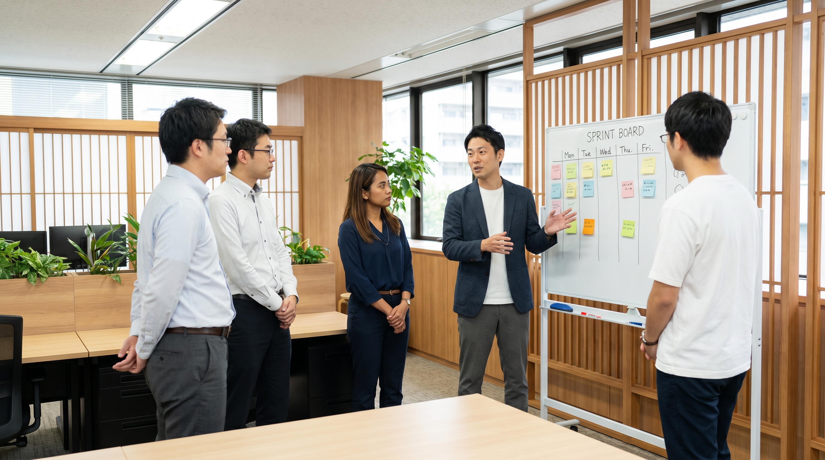 Japanese office morning meeting (choukai) scene