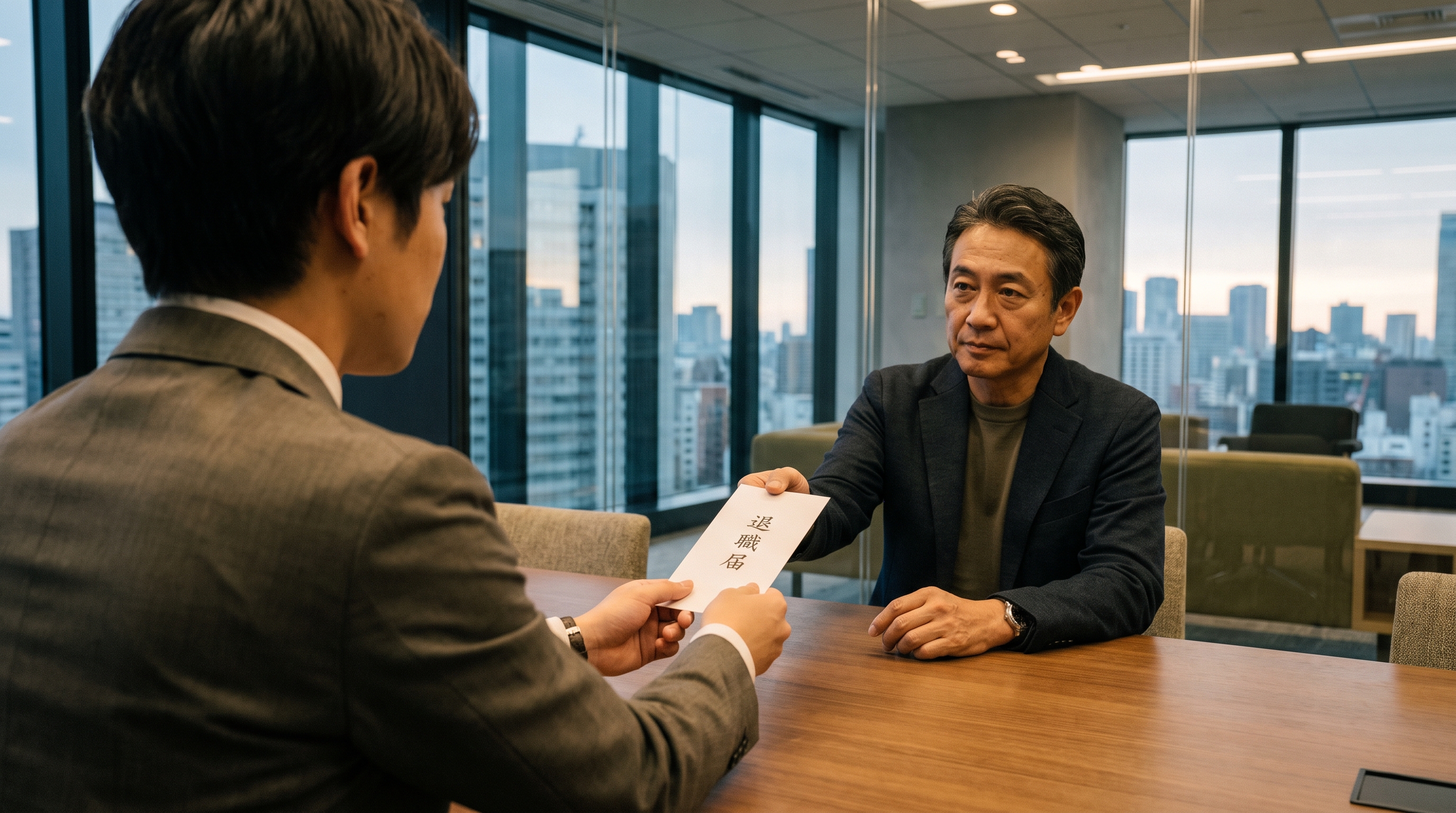Professional handing resignation letter (退職届) to manager in Tokyo office